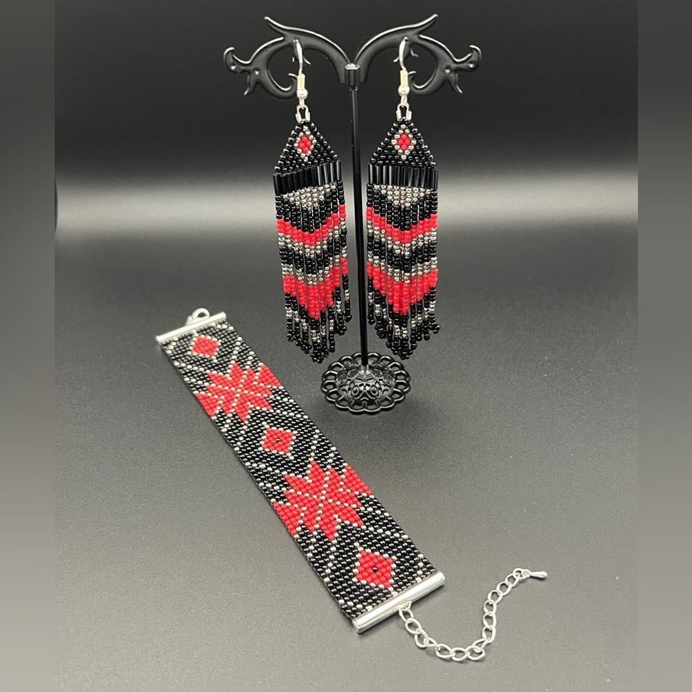 Loom Beaded Cuff Bracelet and Triangle Fringe Earrings Set